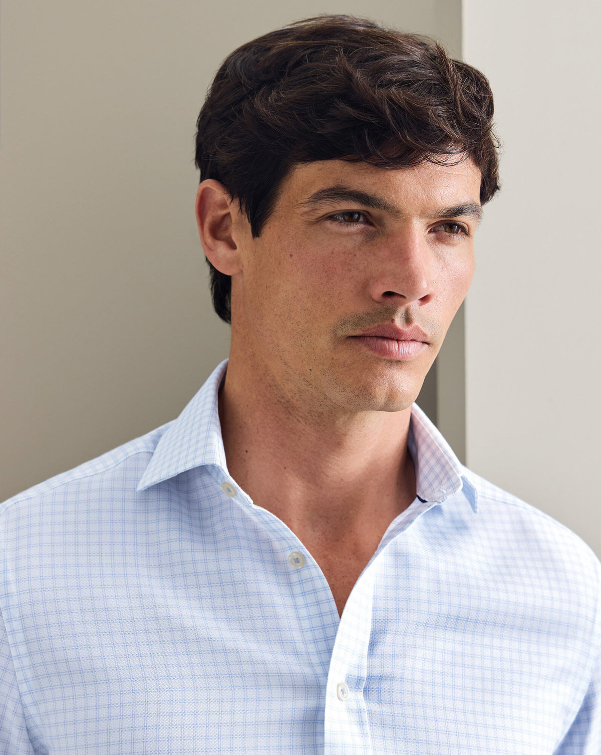 Chemise stretch tissage natté sans repassage – Carreaux bleu océan