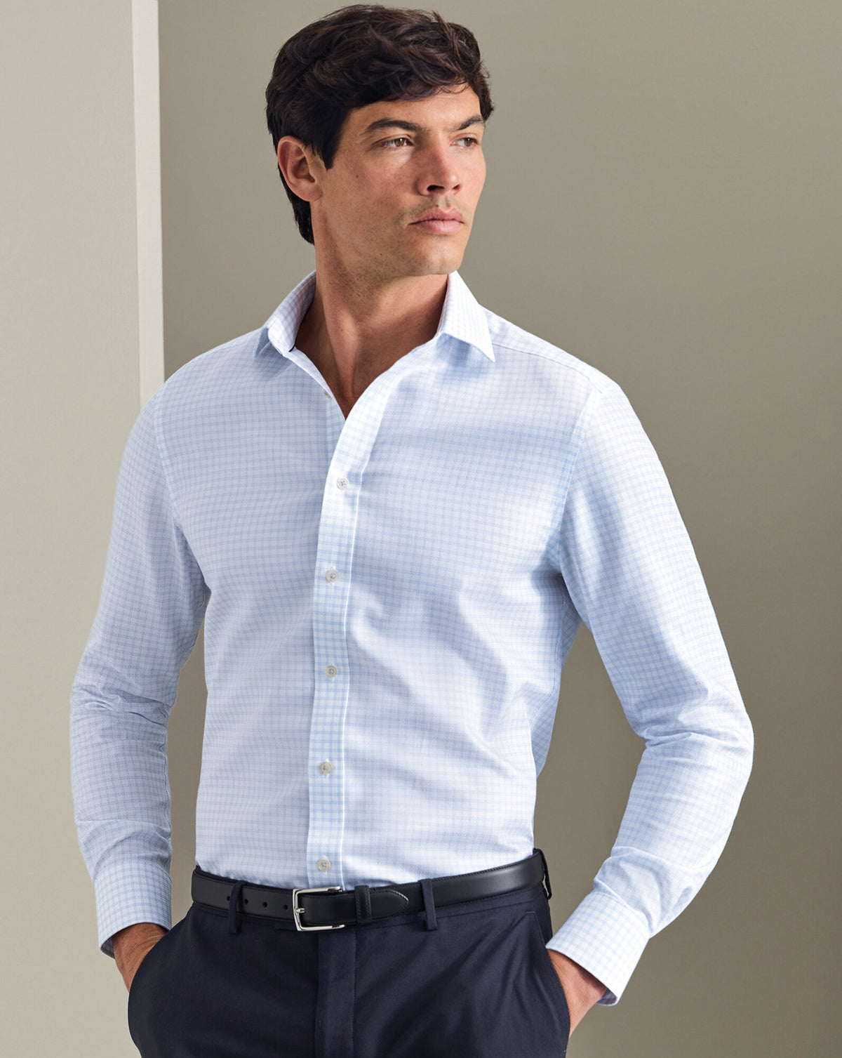 Chemise stretch tissage natté sans repassage – Carreaux bleu océan