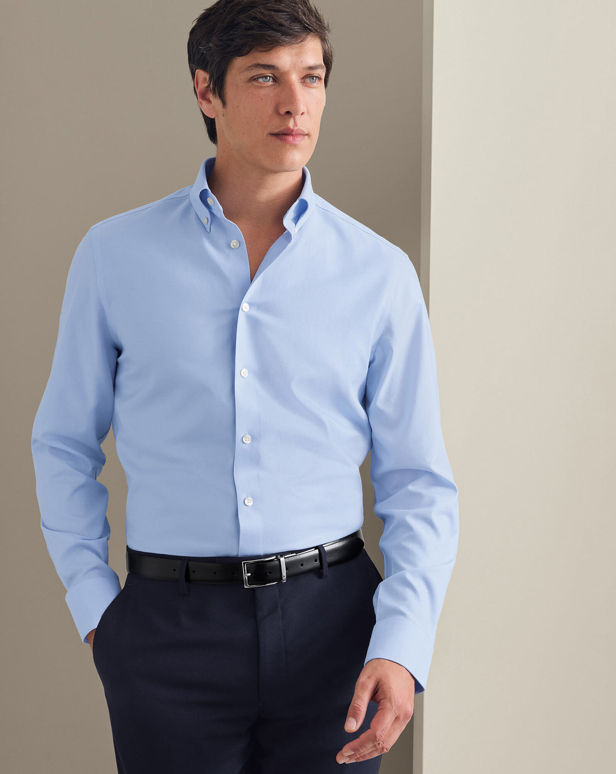 Chemise twill col boutonné sans repassage – Bleu ciel