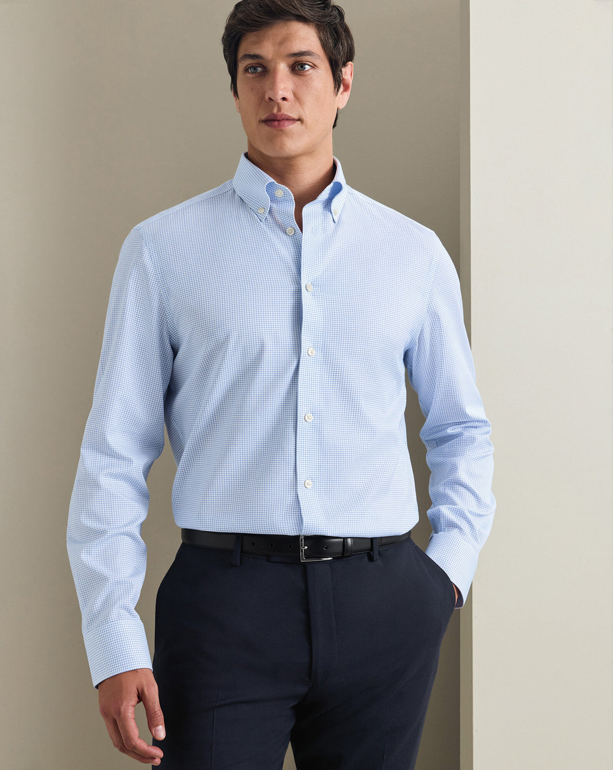 Chemise twill col boutonné sans repassage – Quadrillé bleuet